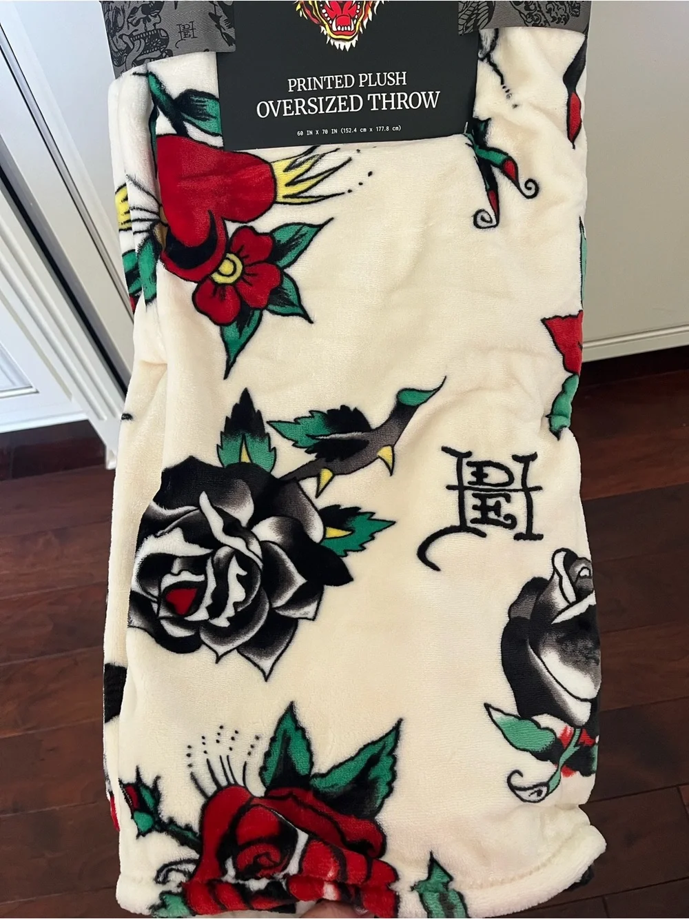 Ed Hardy Throw Blanket with Roses and Hearts